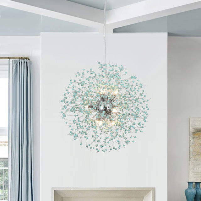 Modern Aqua Sea Chandelier 9-Light Mid-century Sputnik Firework Beads Chandelier Pendant Lighting for Restaurant/ Living Room/ Bedroom