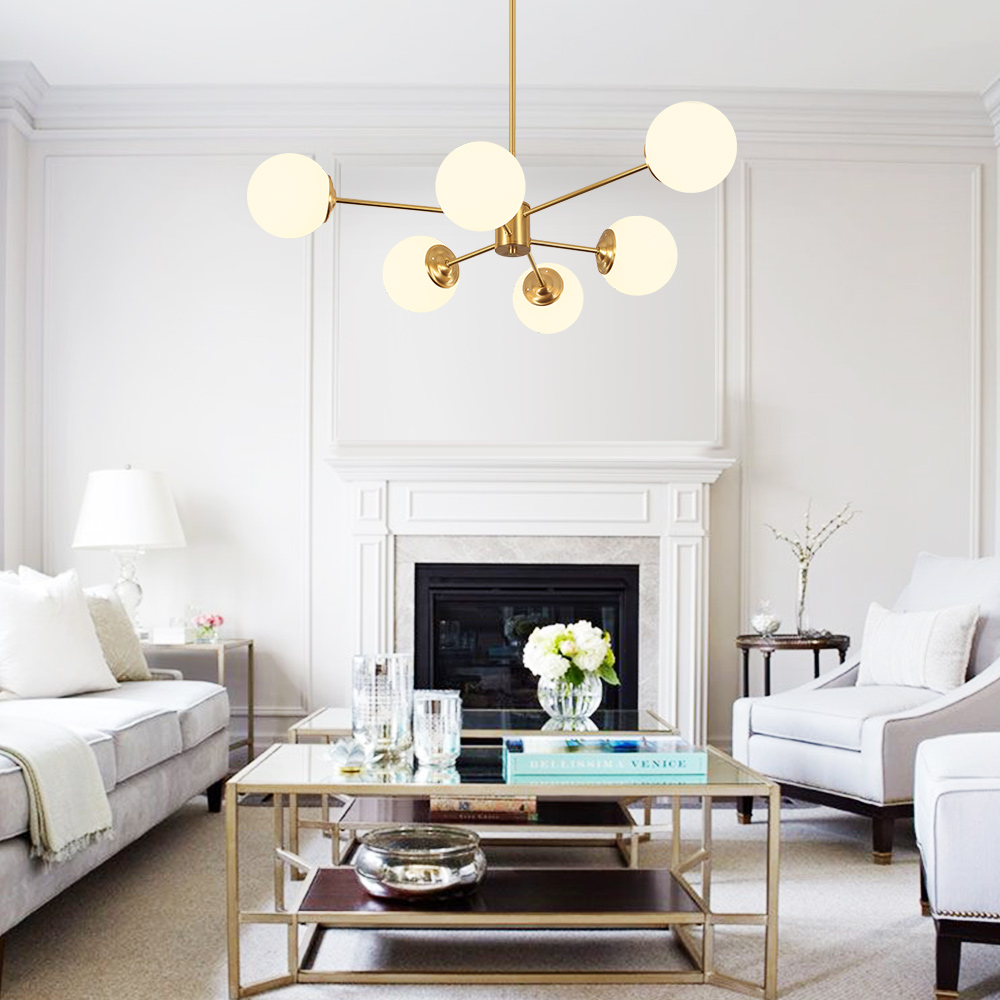 Mid-Century Modern 6/8 Lights Brass Sputnik Chandelier with Glass Spheres for Dining Room Living Room Bedroom