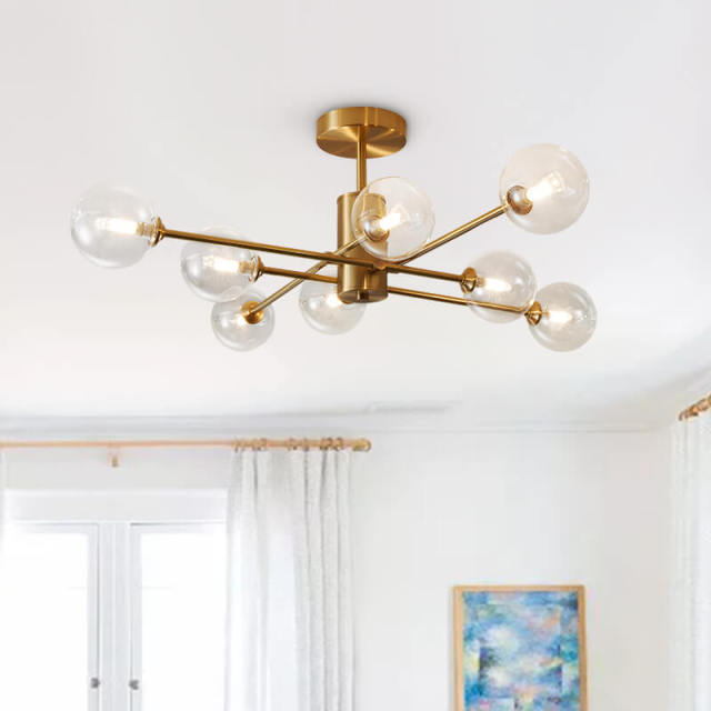 Glam French Modern 8-Light  Brass Sputnik Chandelier Ceiling Light with Clear Glass Shade  Dining Room Restaurant