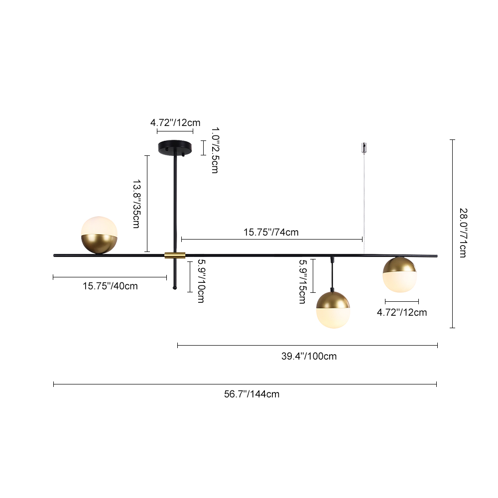 Mid-Century Modern 3 Light Linear Offest Ceiling Pendant Light in Black and Brass with Glass Globes for Dining Room Kitchen Island Restaurant