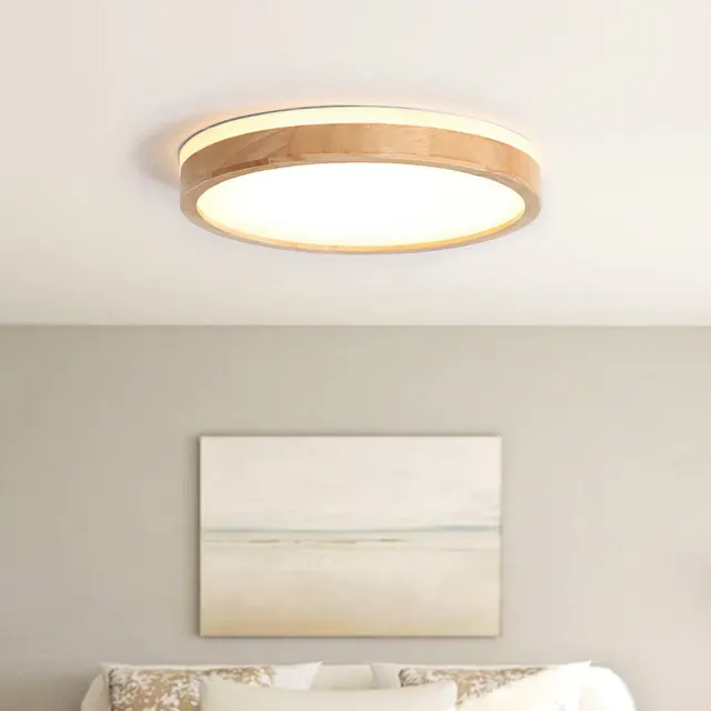 Scandinavian Modern Wooden Round Circle LED Dimmable Flush Mount Ceiling Light for Bedroom Kitchen Living Room Dining Room