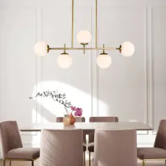 Modern Mid-Century 5-Light Linear Globe Chandelier Brass Pendant Light for Kitchen Island Dining/Living Room