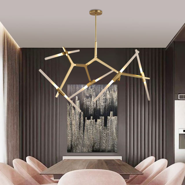 Modern Mid-Century 10 Light Brass Branch Asymmetric Chandelier For Living Room Dining Room