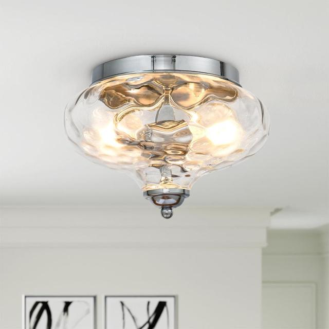 Modern Contemporary Hammer Glass Shade 2-Light Flush Mount Ceiling Light in Chrome Finish for Bedroom/ Hallway