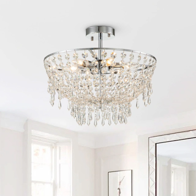 Modern Luxury Crystal Flush Mount Ceiling Light Bowl Shape in Chrome Finish for Living Room/Dining Room/ Bedroom