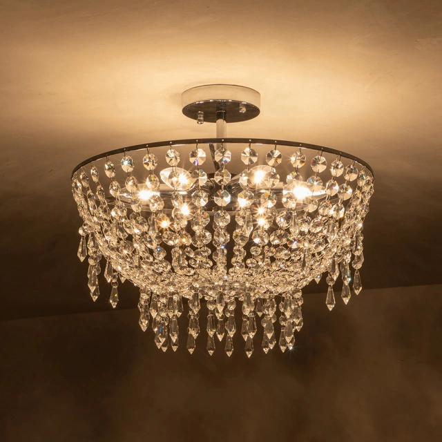 Modern Luxury Crystal Flush Mount Ceiling Light Bowl Shape in Chrome Finish for Living Room/Dining Room/ Bedroom