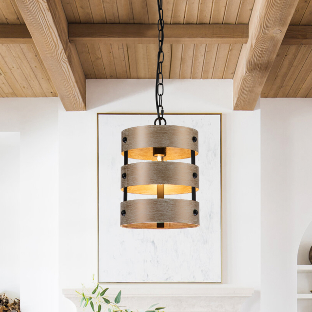 Modern Farmhouse Tiered Faux Wood Drum Pendant Lighting for Kitchen Island /Dining Room /Hallway