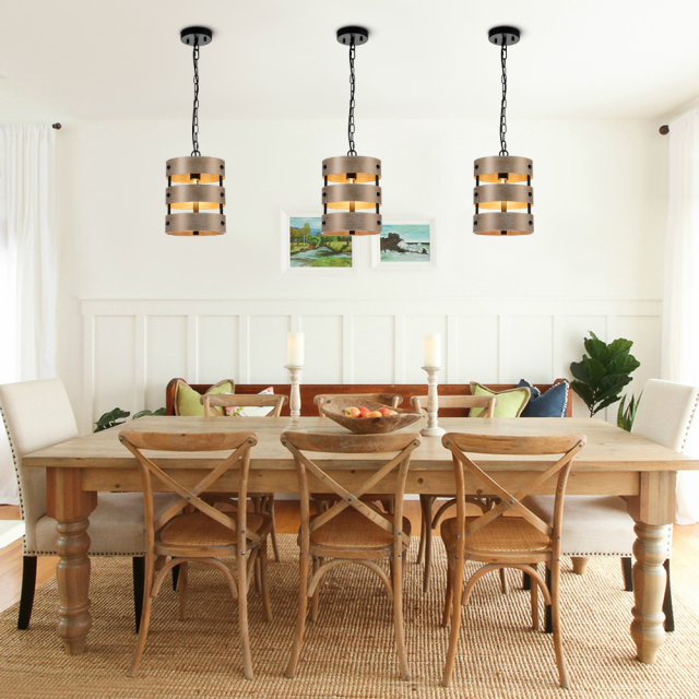 Modern Farmhouse Tiered Faux Wood Drum Pendant Lighting for Kitchen Island /Dining Room /Hallway