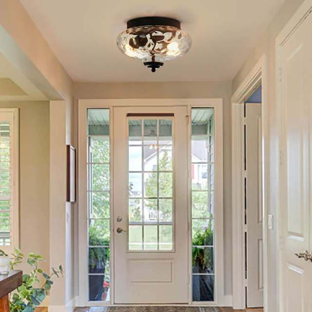 Modern Farmhouse 2-Light Flush Mount Ceiling Light with Hammer Glass Shade for Kitchen/ Entryway