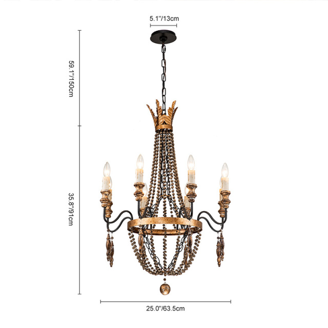 8-Light Vintage Modern Farmhouse Empire Beads Chandelier in Rusty Finish for Living Room/Dining Room/ Bedroom/ Restaurant