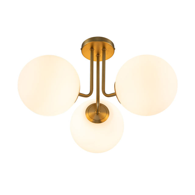 3-Light Modern Gold Sputnik Semi Flush Mount with Frosted Opal Glass Globe for Dining Room/ Kitchen/ Living Room