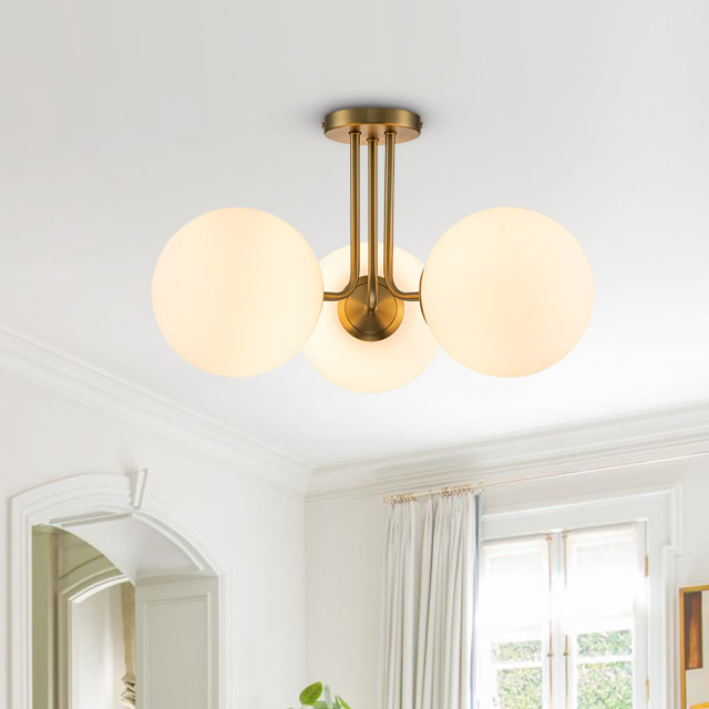 3-Light Modern Gold Sputnik Semi Flush Mount with Frosted Opal Glass Globe for Dining Room/ Kitchen/ Living Room