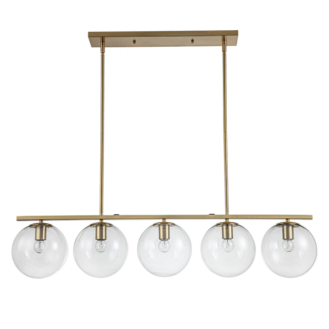 Modern Contemporary 5 Light Linear Pendant Lighting with Clear Glass Globes for Kitchen Island Dining Room