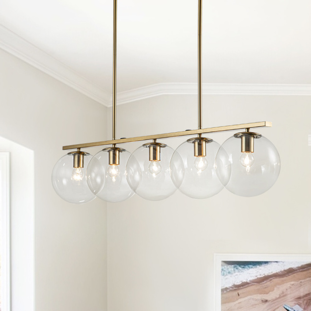 Modern Contemporary 5 Light Linear Pendant Lighting with Clear Glass Globes for Kitchen Island Dining Room