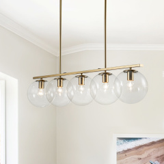 Modern Contemporary 5 Light Linear Chandelier Pendant Lighting with Clear Glass Globes for Kitchen Island Dining Room