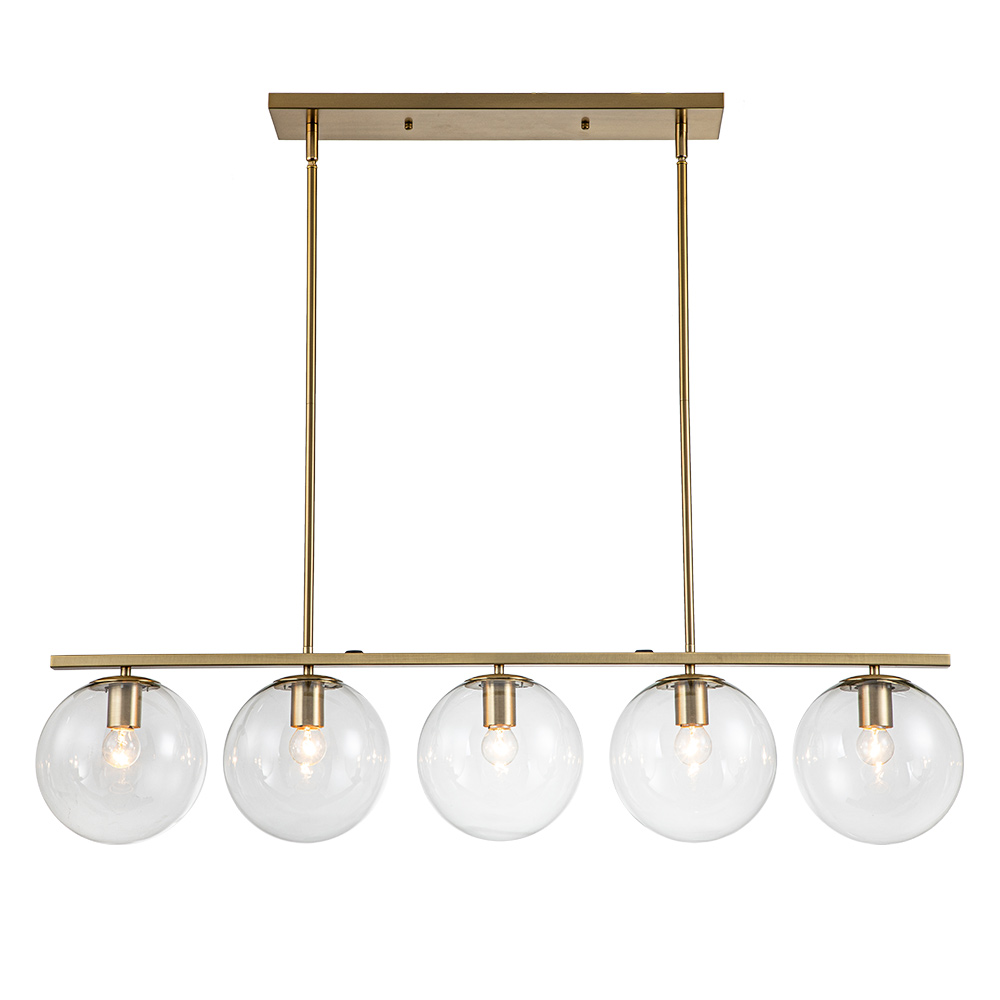 Modern Contemporary 5 Light Linear Chandelier Pendant Lighting with Clear Glass Globes for Kitchen Island Dining Room