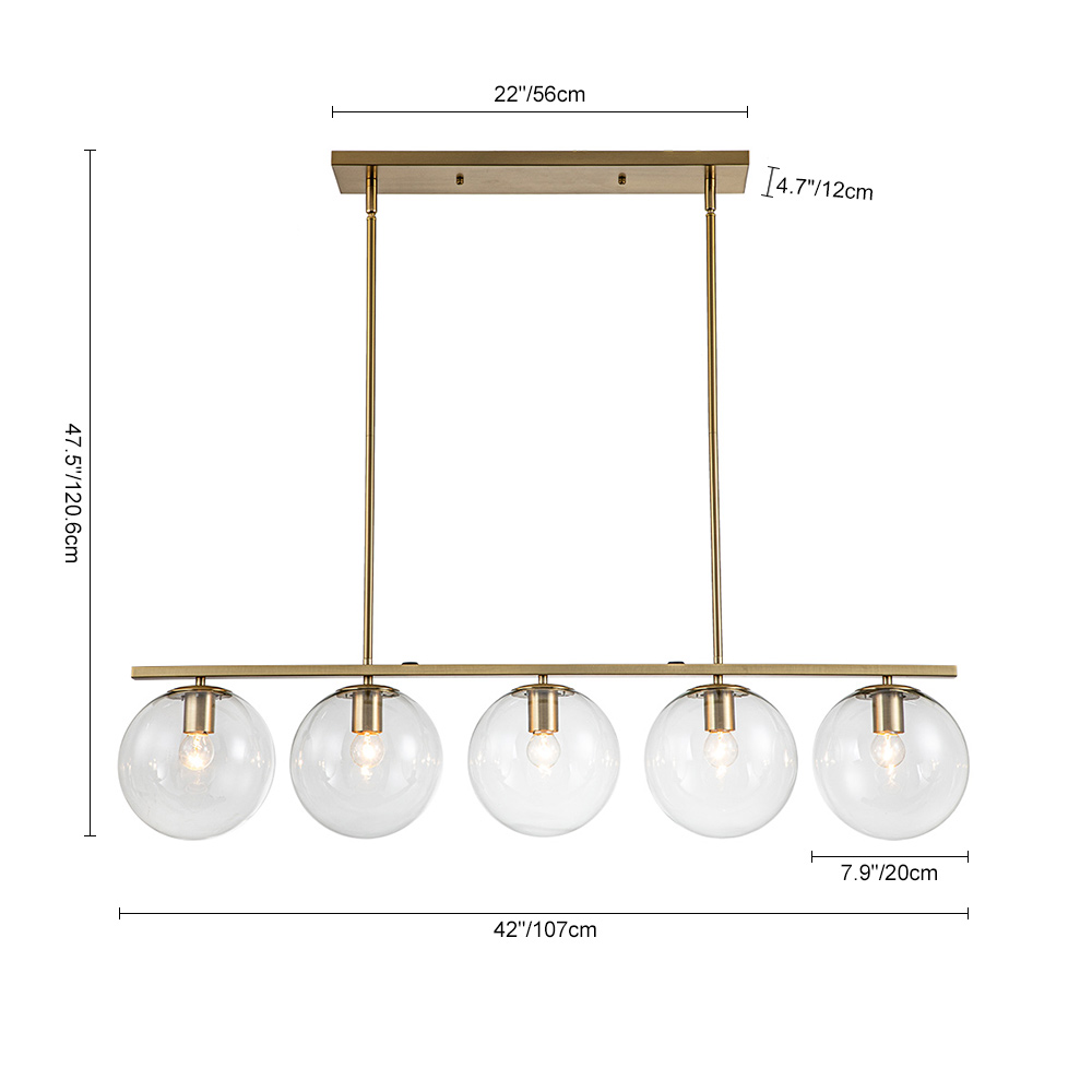 Modern Contemporary 5 Light Linear Chandelier Pendant Lighting with Clear Glass Globes for Kitchen Island Dining Room