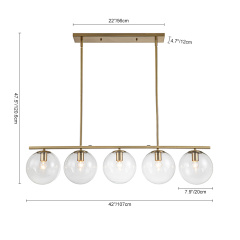 Modern Contemporary 5 Light Linear Pendant Lighting with Clear Glass Globes for Kitchen Island Dining Room