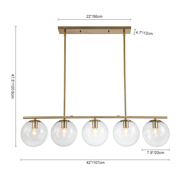 Modern Contemporary 5 Light Linear Pendant Lighting with Clear Glass Globes for Kitchen Island Dining Room