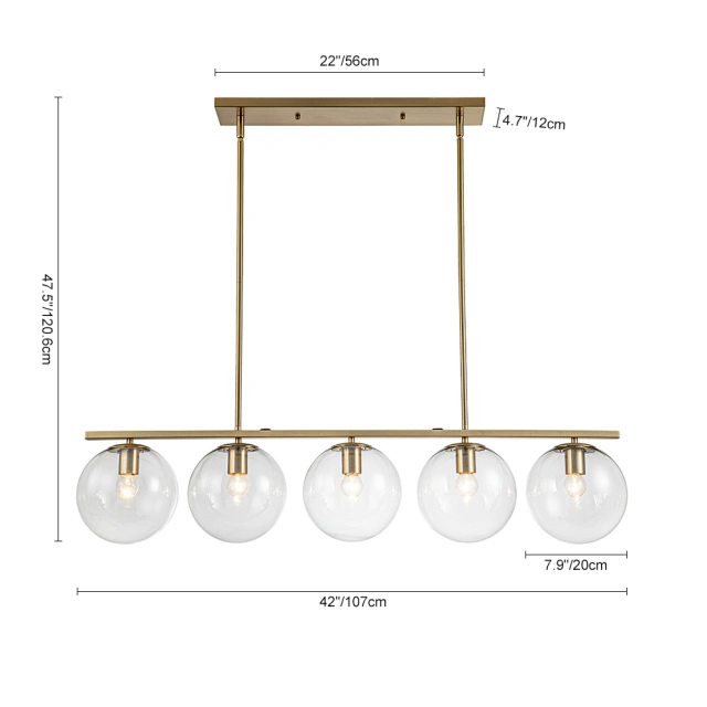 Modern Contemporary 5 Light Linear Pendant Lighting with Clear Glass Globes for Kitchen Island Dining Room