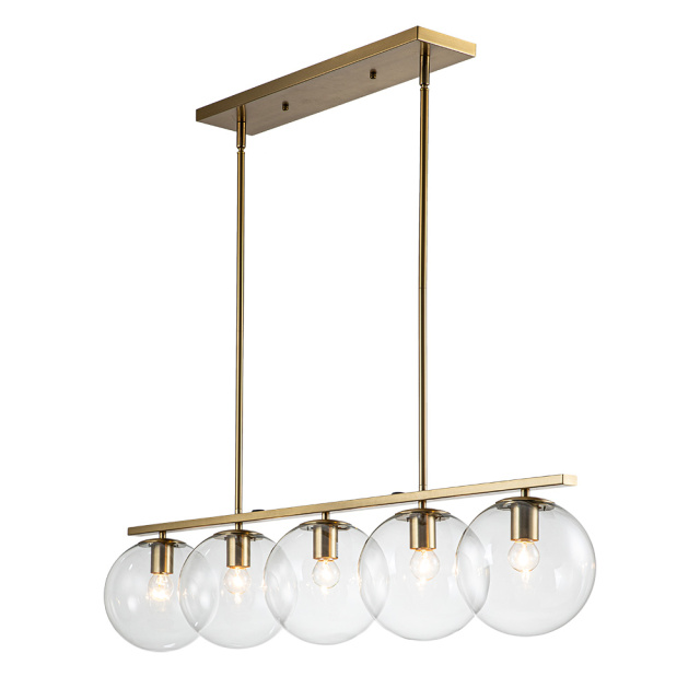 Modern Contemporary 5 Light Linear Pendant Lighting with Clear Glass Globes for Kitchen Island Dining Room