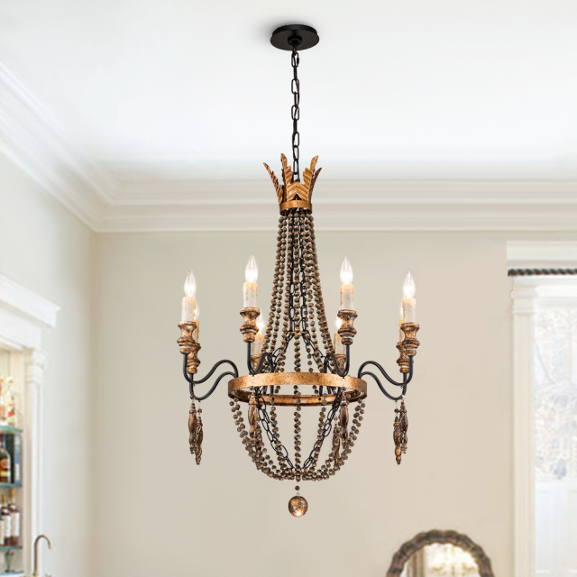 8-Light Vintage Modern Farmhouse Empire Beads Chandelier in Rusty Finish for Living Room/Dining Room/ Bedroom/ Restaurant