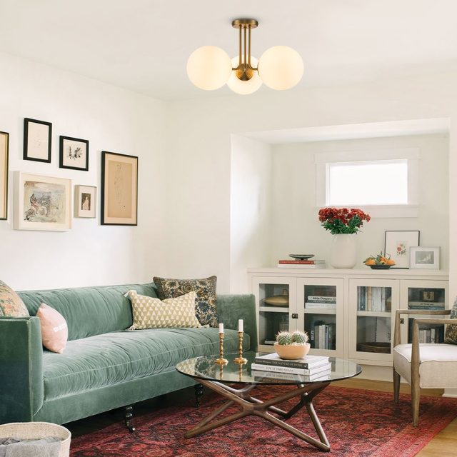 3-Light Modern Gold Sputnik Semi Flush Mount with Frosted Opal Glass Globe for Dining Room/ Kitchen/ Living Room