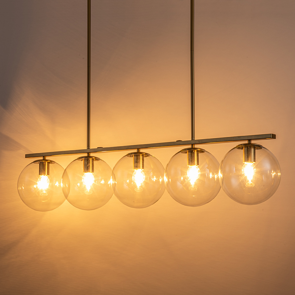 Modern Contemporary 5 Light Linear Chandelier Pendant Lighting with Clear Glass Globes for Kitchen Island Dining Room