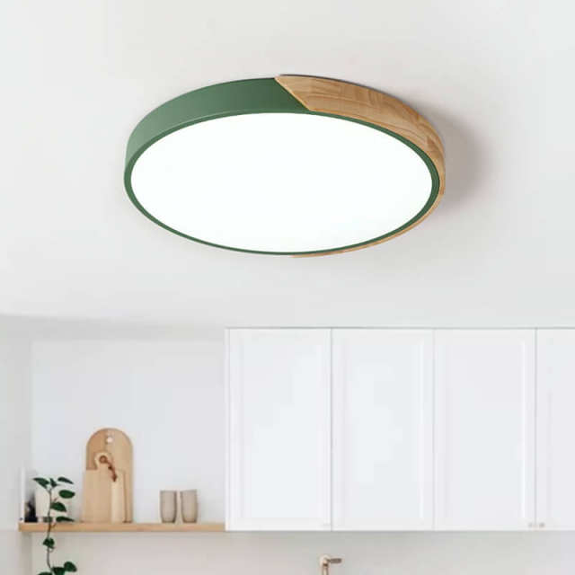 Dimmable Modern Minimalist LED Round Shaped Wood & Metal & Acrylic Flush Mount Ceiling Light for Bedroom Kitchen Living Room