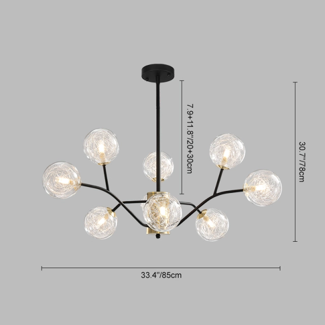 Modern Branching Swirl Black 9 Light Bubble Sputnik Chandelier with Clear Glass Shade for Living Room Dining Room