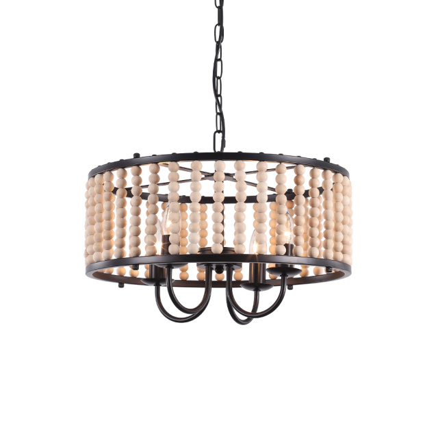 4-Light Modern Farmhouse Vintage Wood Beaded Pendant Lighting in Drum  Shape Black Finish for Living Room/Dining Room/ Bedroom/ Restaurant