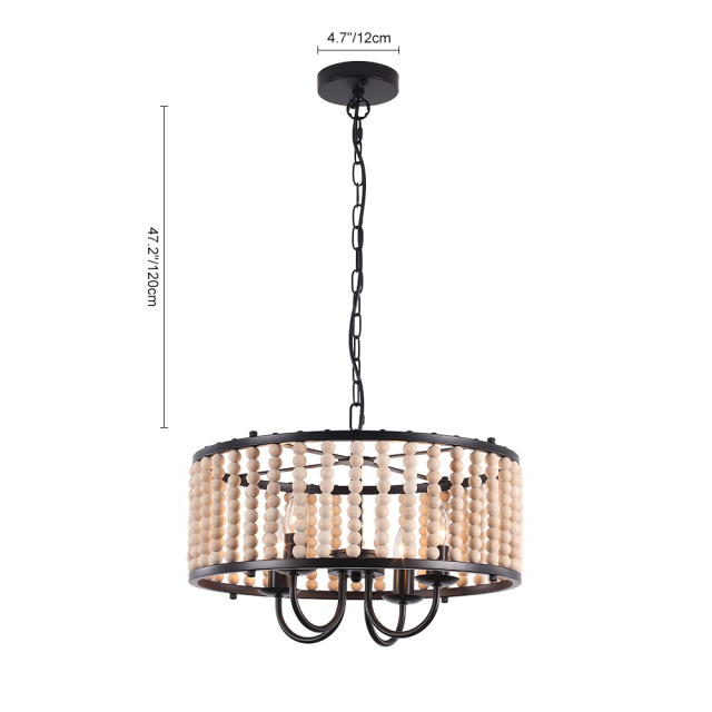 4-Light Modern Farmhouse Vintage Wood Beaded Pendant Lighting in Drum  Shape Black Finish for Living Room/Dining Room/ Bedroom/ Restaurant