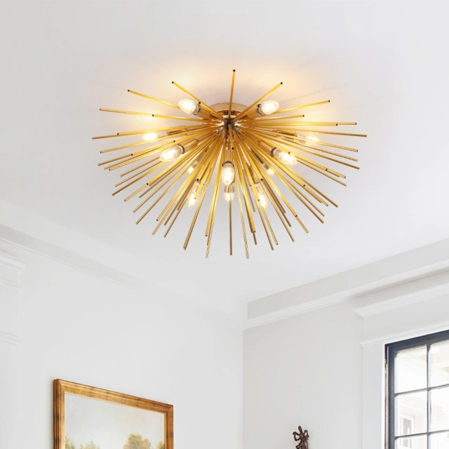 12-Light Modern Gold /Chrome Sputnik Flush Mount Ceiling Light with Firework Sunburst Design for Dining Room/ Kitchen/ Living Room/ Bedroom