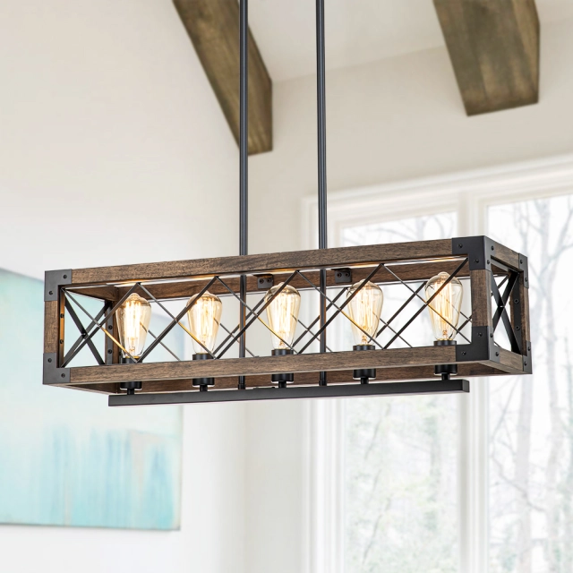 Modern Farmhouse 5-Lights Cross-iron Wood Chandelier for Kitchen Island Dining Table