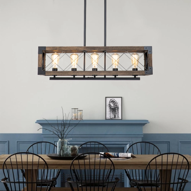 Modern Farmhouse 5-Lights Cross-iron Wood Chandelier for Kitchen Island Dining Table
