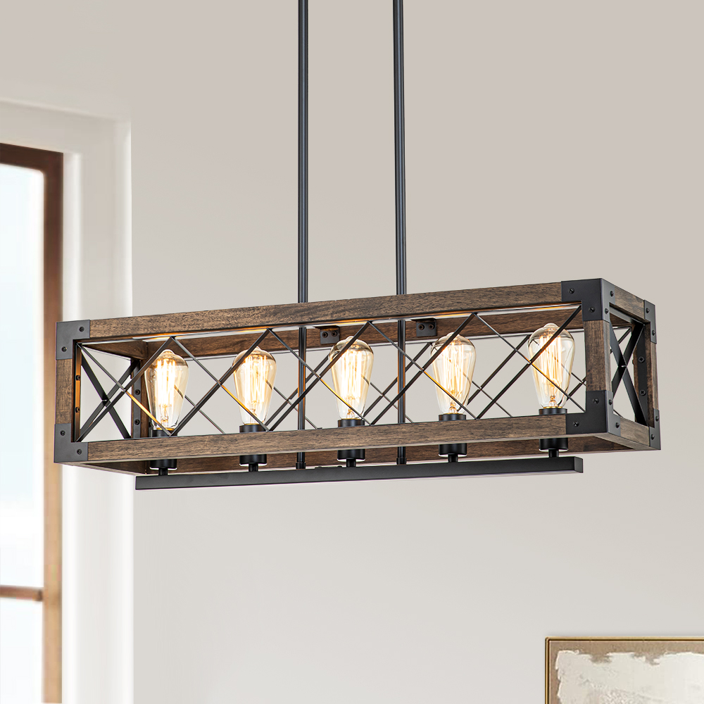 Modern Farmhouse 5-Lights Cross-iron Wood Chandelier for Kitchen Island Dining Table