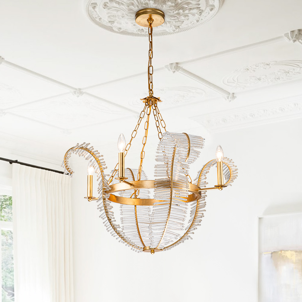 4-Light Glam Modern Candle Style Crystal Leaf Chandelier in Brass Finish for Living Room/Dining Room/ Bedroom/ Restaurant