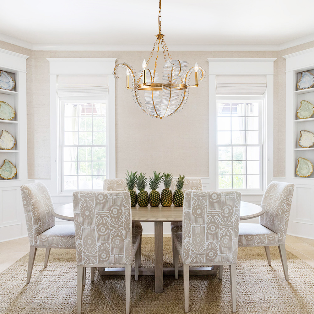 4-Light Glam Modern Candle Style Crystal Leaf Chandelier in Brass Finish for Living Room/Dining Room/ Bedroom/ Restaurant