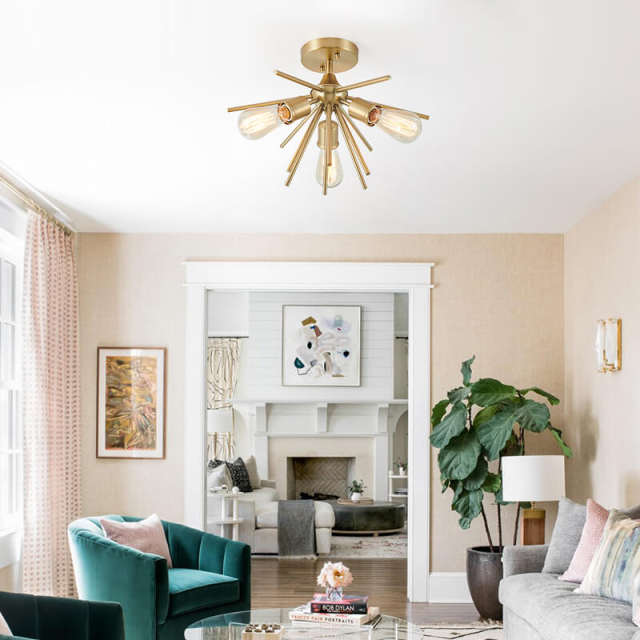 3-Light Mid Century Modern Gold Sputnik Semi Flush Mount for Dining Room/ Living Room /Bedroom