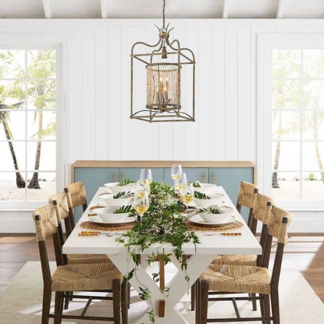 4-Light Modern Farmhouse Industrial Pendant Lighting with Pearls Design in Antique Bronze finish for Dining Room/ Living Room/ Gallery