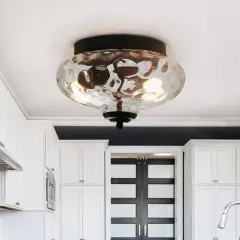 Modern Farmhouse 2-Light Flush Mount Ceiling Light with Hammer Glass Shade for Kitchen/ Hallway