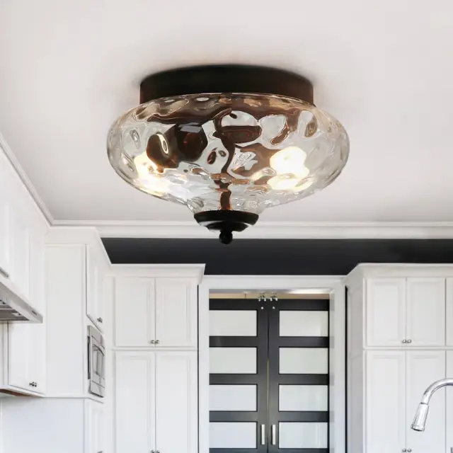 Modern Farmhouse 2-Light Flush Mount Ceiling Light with Hammer Glass Shade for Kitchen/ Entryway