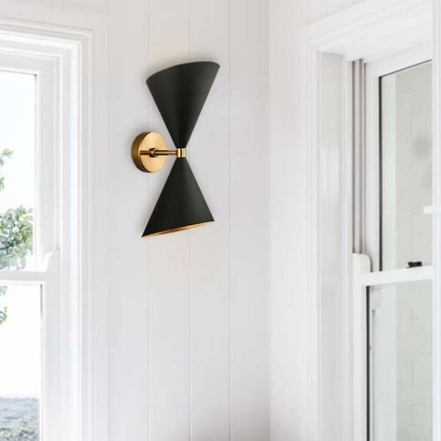 Dimmable Mid Century Modern 2 Light Up and Down Wall Sconce in Black/Brass for Bathroom Bedroom Living Room