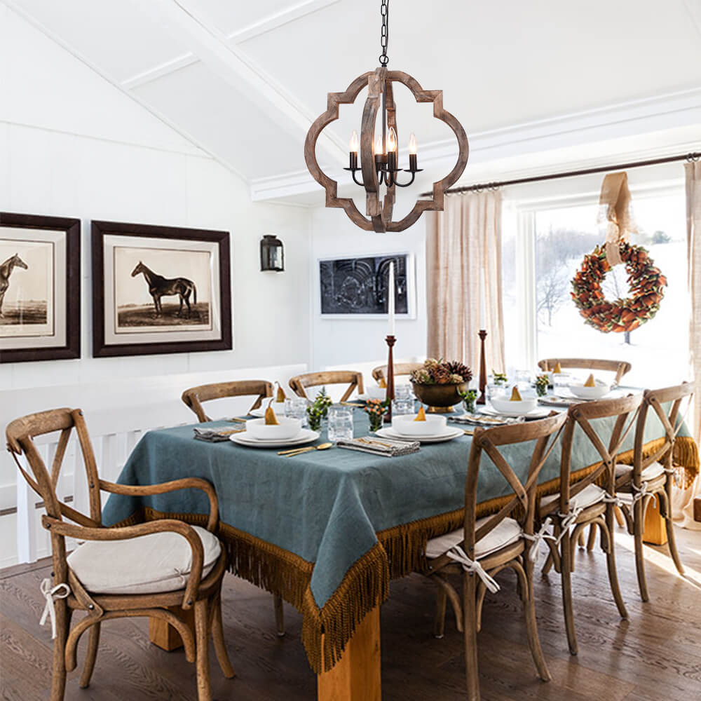 Rustic Vintage Wooden Lantern Pendant Lighting Dining Room Orb Frame Chandelier for Kitchen