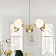 Mid Century Modern 5-Light Frosted Opal Globe Chandelier in Brass/ Black Finish for Dining Room Living Room Restaurant