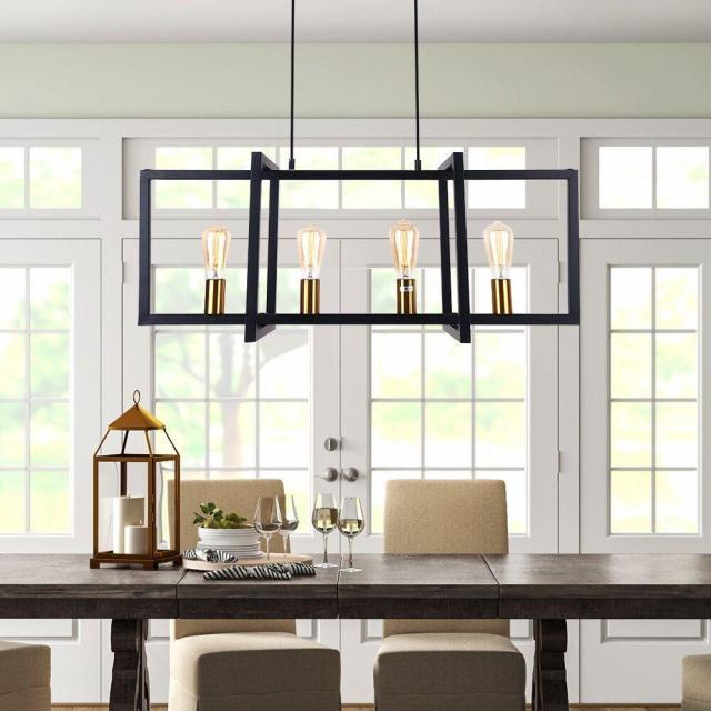 Mid Century Modern 4 Lights Black Rectangle Chandelier For Kitchen Island/Dining Table