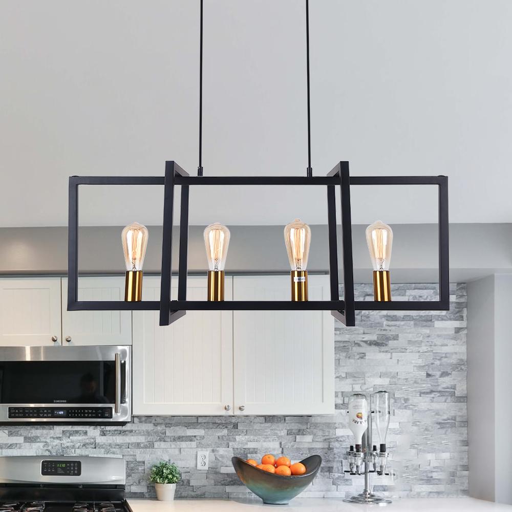 Mid Century Modern 4 Lights Black Rectangle Chandelier For Kitchen