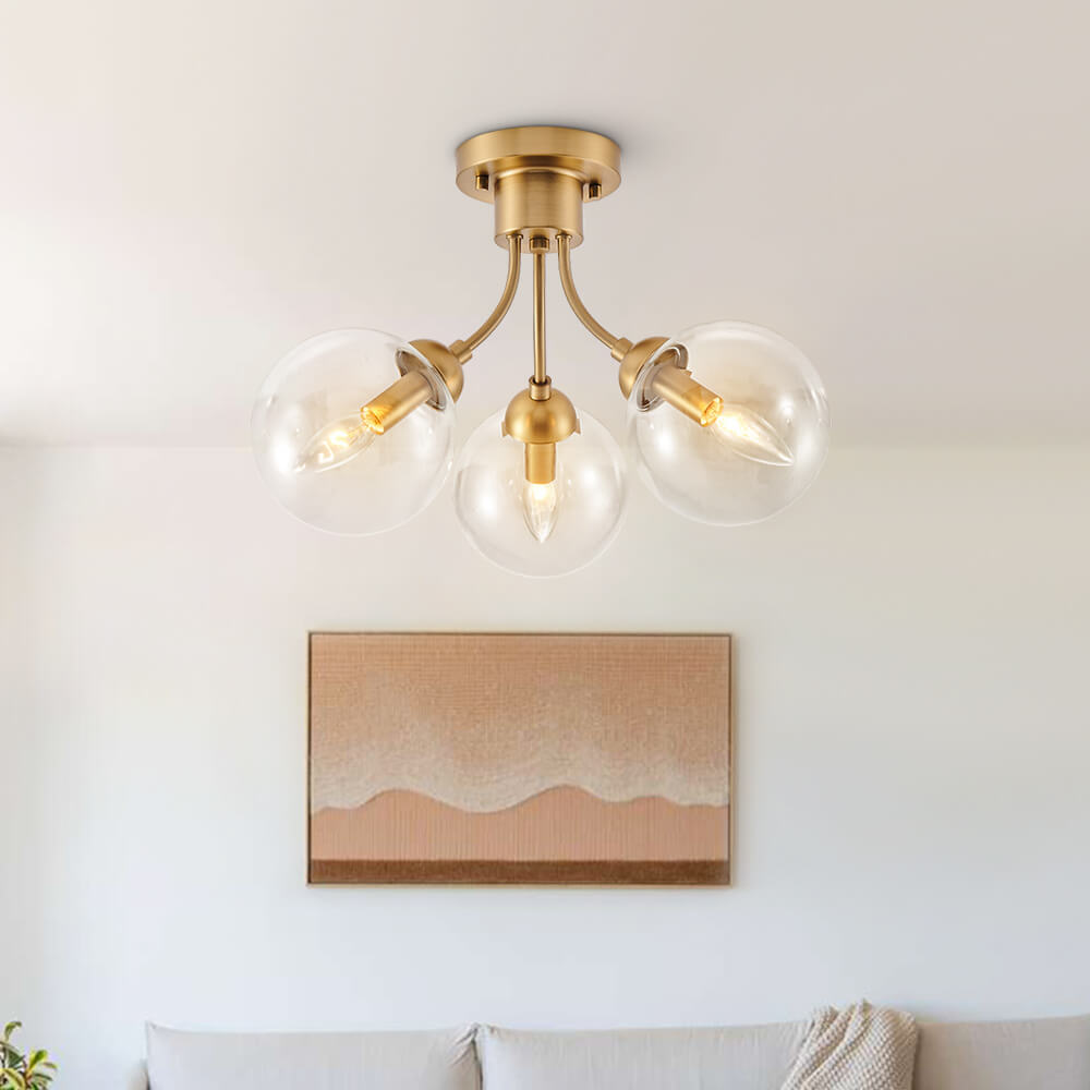 3-Light Mid-Century Gold Sputnik Semi Flush Mount with Clear Glass Globe for Bedroom/ Kitchen/ Living Room