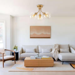 3-Light Mid-Century Gold Sputnik Semi Flush Mount with Clear Glass Globe for Bedroom/ Kitchen/ Living Room