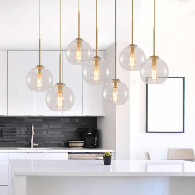 Modern Mid-Century 7-Lights Cluster Bubble Chandelier Glass Globe Shade Brass Pendant Light for Restaurant Kitchen Island Dining Table